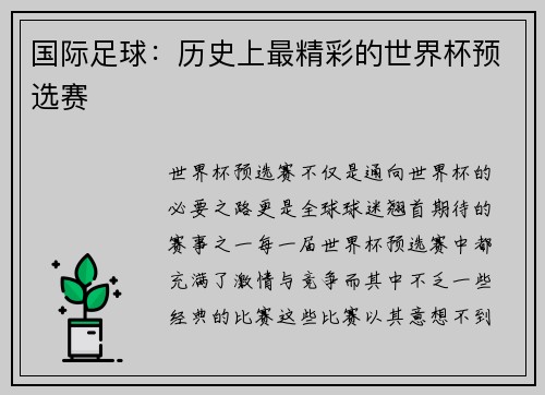 国际足球：历史上最精彩的世界杯预选赛