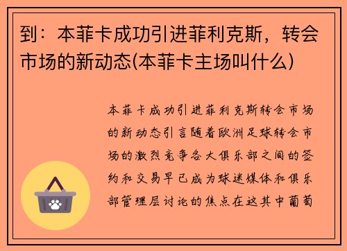 到：本菲卡成功引进菲利克斯，转会市场的新动态(本菲卡主场叫什么)