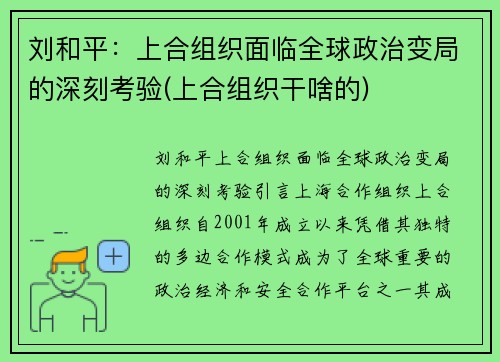 刘和平：上合组织面临全球政治变局的深刻考验(上合组织干啥的)