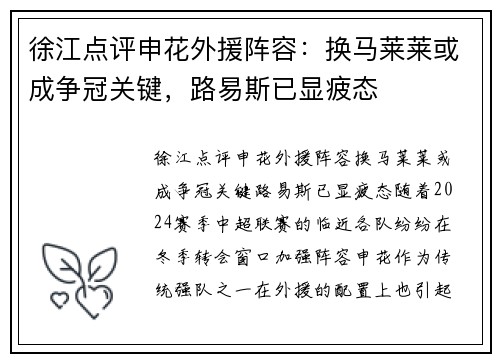 徐江点评申花外援阵容：换马莱莱或成争冠关键，路易斯已显疲态