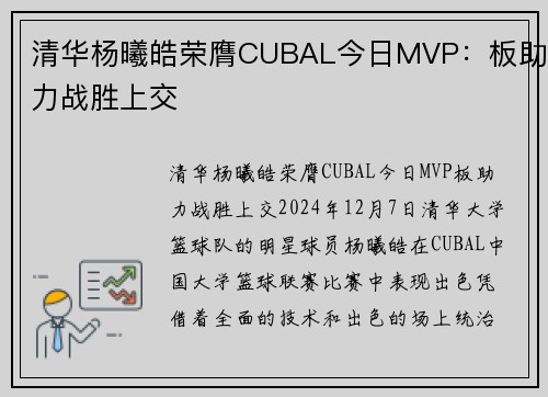 清华杨曦皓荣膺CUBAL今日MVP：板助力战胜上交