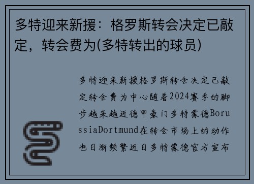 多特迎来新援：格罗斯转会决定已敲定，转会费为(多特转出的球员)