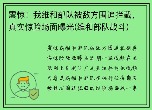震惊！我维和部队被敌方围追拦截，真实惊险场面曝光(维和部队战斗)