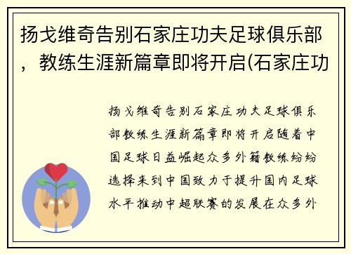 扬戈维奇告别石家庄功夫足球俱乐部，教练生涯新篇章即将开启(石家庄功夫足球队)