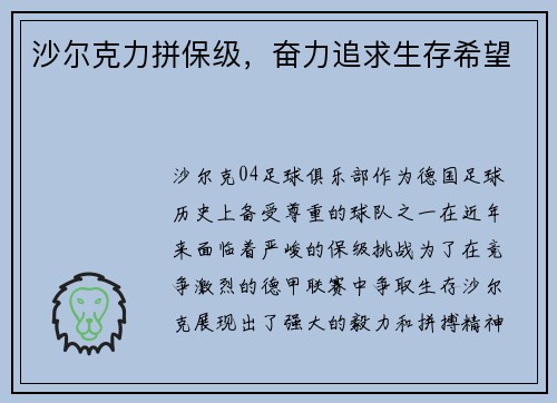 沙尔克力拼保级，奋力追求生存希望