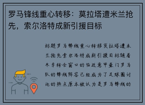 罗马锋线重心转移：莫拉塔遭米兰抢先，索尔洛特成新引援目标